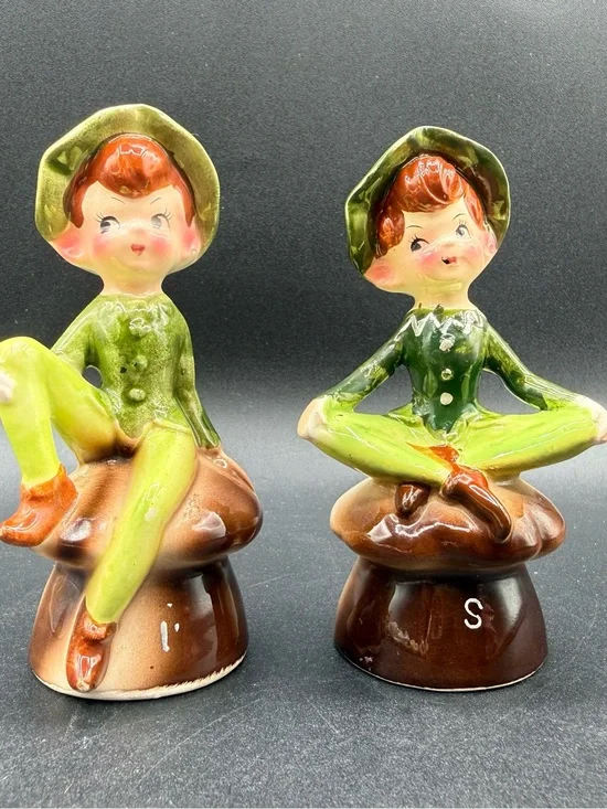 Enesco Green and Brown Ceramic Pixie Figurine Salt and Pepper Shakers