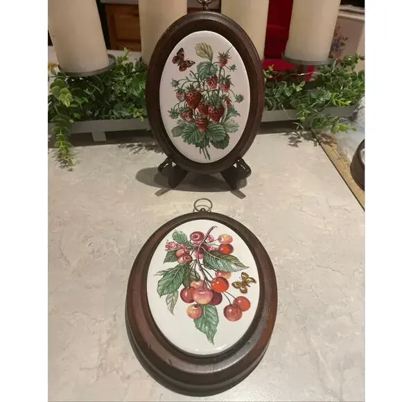 Vintage Oval Tile Trivet Wall Plaque w Strawberries & Cherries Butterflies Wood
