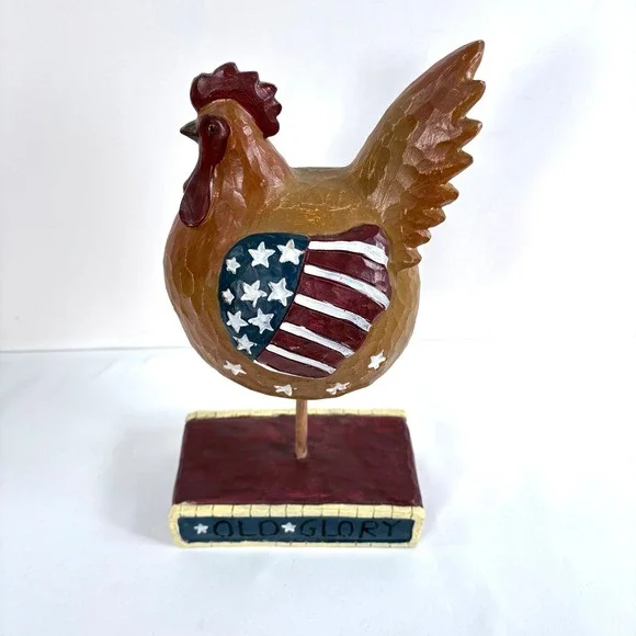Carved Wood Rooster Figurine Brown Americana Old Glory‎ Patriotic Stars Stripes