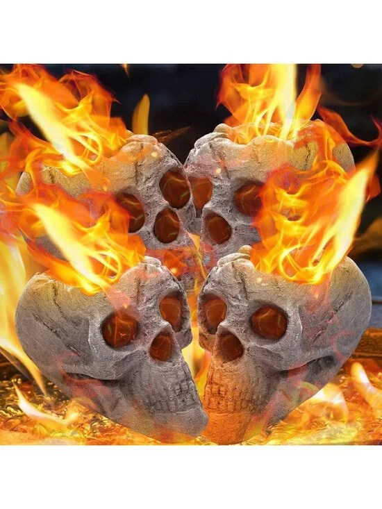 4 Pack Skull Fire Pit Decor - 8.7 Inch Halloween Decorations, Gray Outdoor