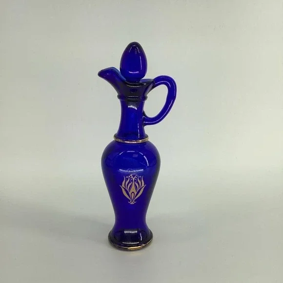Vintage 1970s Avon Cobalt Blue Glass Decanter Cruet Gold Floral Design Stopper