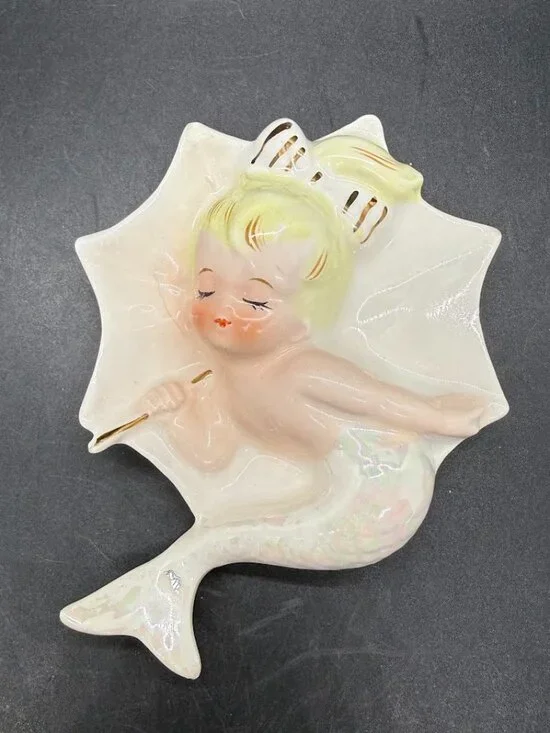 Vintage MCM 50’s Enesco Mermaid Girl Umbrella Wall Plaque Ceramic Kitsch