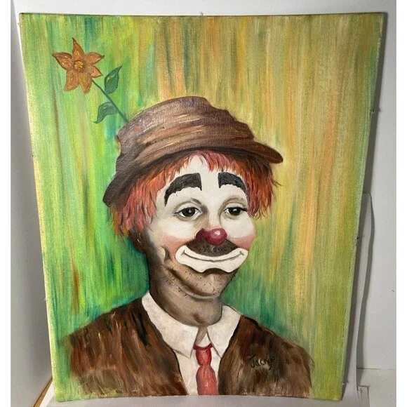 Vtg 1970's Acrylic Painting Clown Nice 16 x 20 Canvas Unframed Signed Jackye