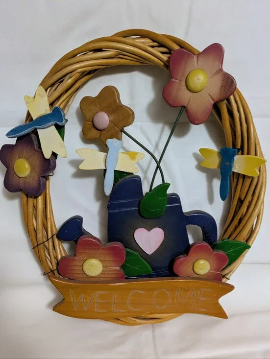 Wreath Wooden Floral Welcome Wreath with Watering Can Flowers Dragonflys Vintage
