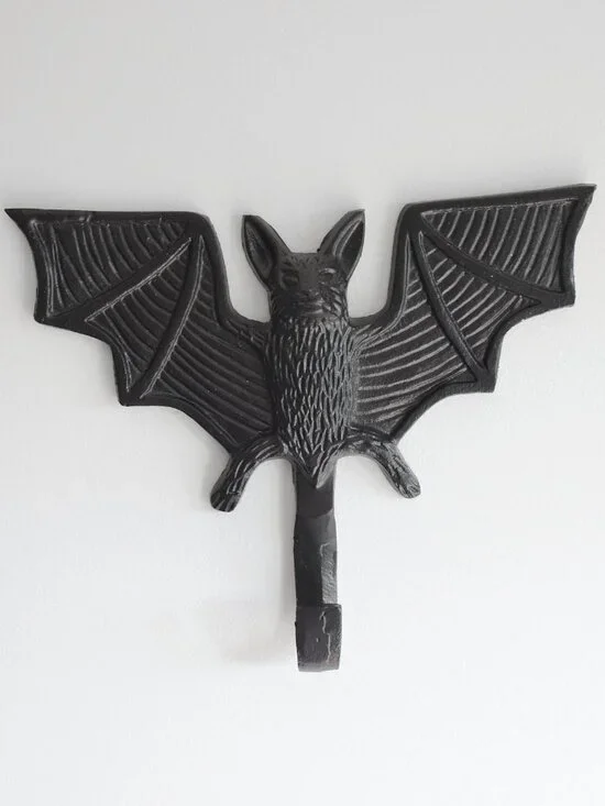Black Cast Iron Metal Vampire Bat Wall Hook Spooky Gothic Halloween Decor