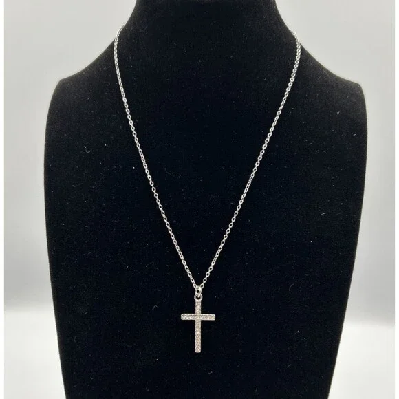 Vintage Silver Tone White Rhinestone Cross Pendant 18