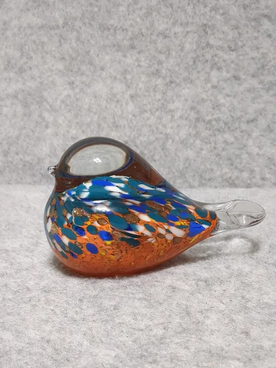 Art Glass Bird Clear, Orange Blue Paperweight
