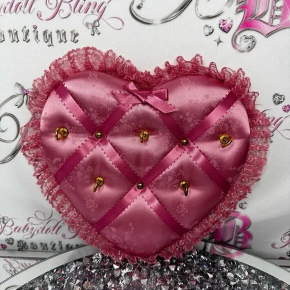 Key/jewellery holder tufted shimmer bow ribbons lace Pink Heart Jewelry Holder