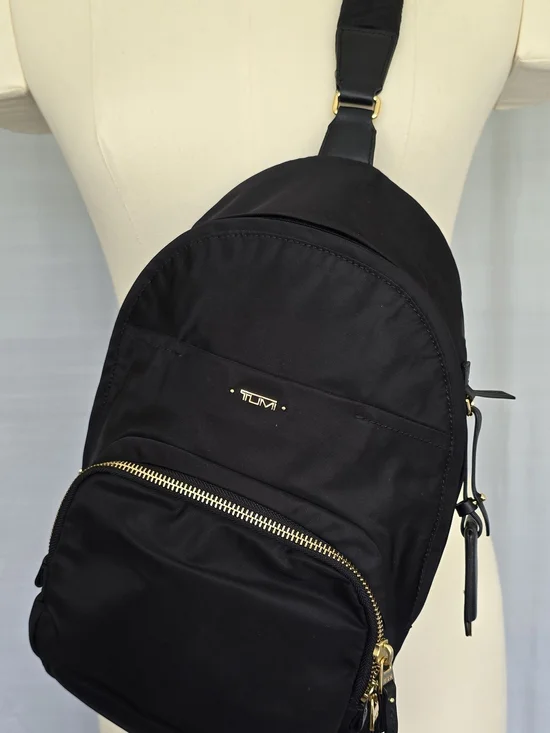 TUMI Voyageur Nadia Convertible Backpack Sling Bag Black Nylon Gold Hardware EX