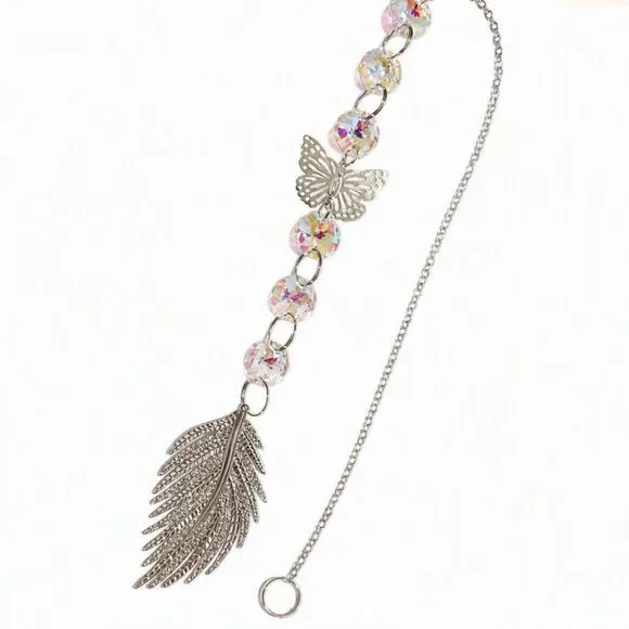 Iridescent Glass Butterfly Silver Leaf Chain Hanging Suncatcher Ornament 17