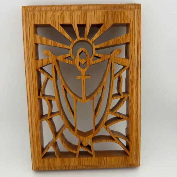 Handmade Oak Wood Religious Chalice Wall Plaque Brown Excellent Signed 2007‎ Art