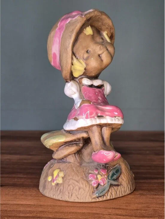 Vintage Ceramic Girl Figurine Sitting on Mushroom Country Decor
