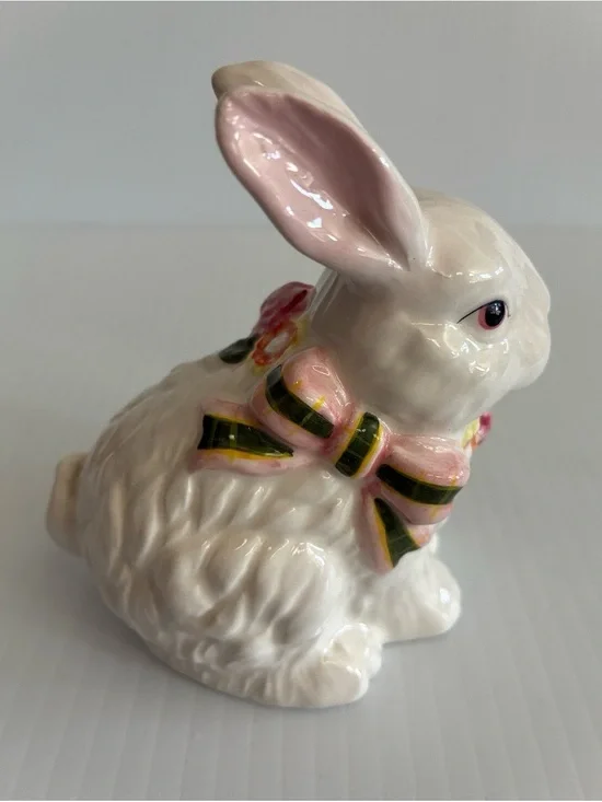 Y2K White Ceramic Bunny Pink Bow Floral Sitting Small Figurine Farmhouse Cottage