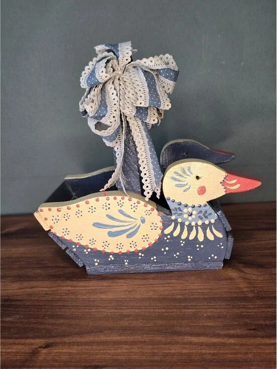 Vintage Wooden Duck Basket Blue Hand Painted Farmhouse Decorative Trug