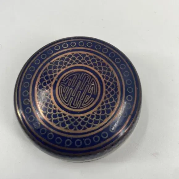 Antique fish scale blue and copper Chinese Cloisonne Round Box with Lid