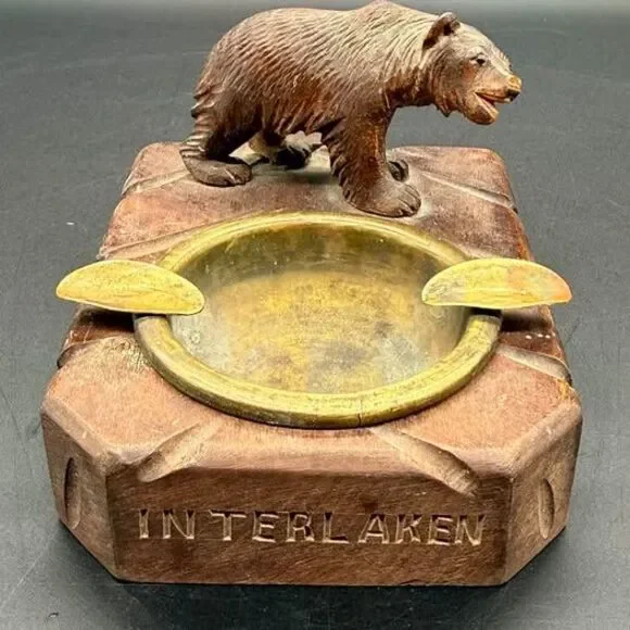Antique 1920’s Hand-Carved Swiss Black Forest Bear Ashtray - Interlaken