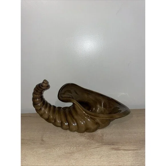 Vintage 1985 Ceramic Cornucopia Horn of Plenty Planter Thanksgiving Brown Glaze