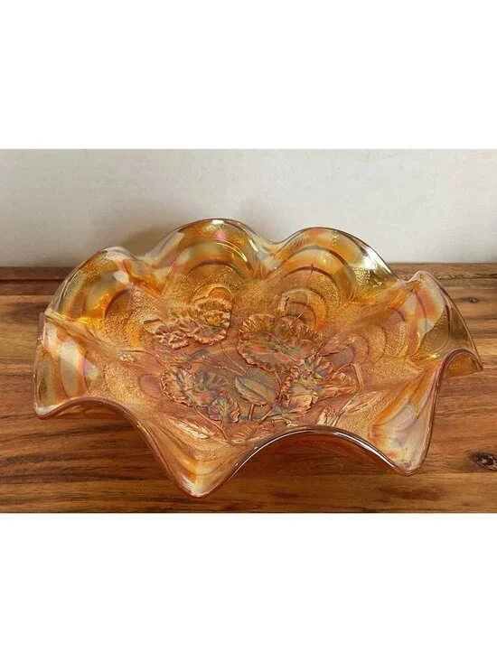 Vintage Fenton Orange Tree Marigold Carnival Ruffeled Bowl Iridescent Gold