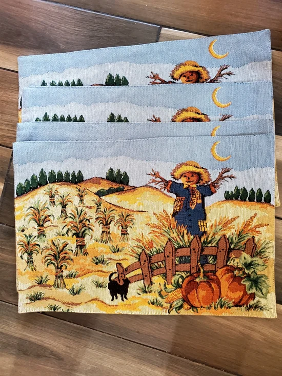 Autumn Harvest Scarecrow Decorative Placemat Set of 4 - Blue and Gold NEW