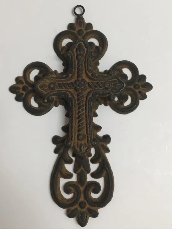 Cast Iron Double Cross Ornate Religious Primitive Rustic Heavy Wall or Garden