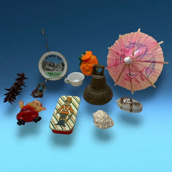 Vintage Assorted Miniatures Lot Bell Shell Tin Litho Souvenir Oddities