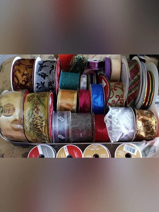 Large Lot of Decorative Ribbon and Burlap for Wreath Making - Mixed Colors
