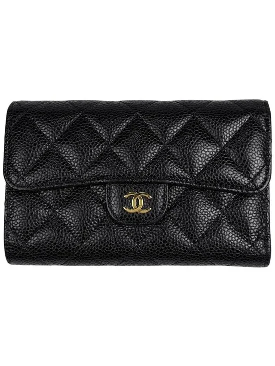 Chanel Trifold Wallet CC Logo Caviar Leather Black