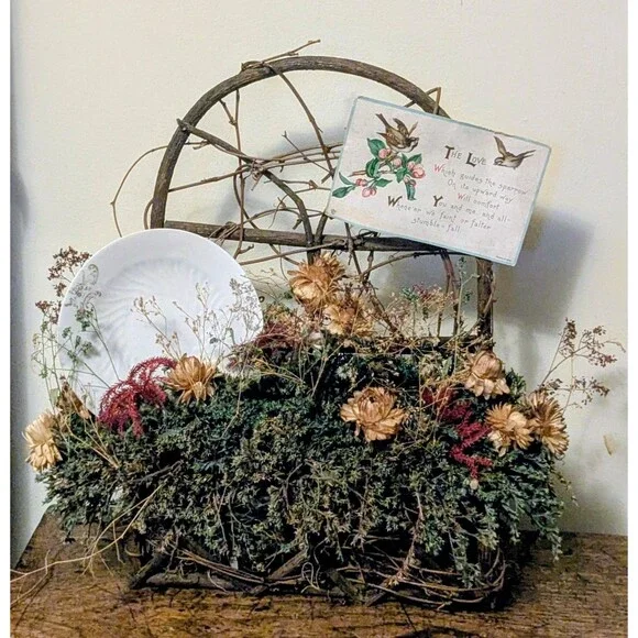 Handmade Rustic Twig Trellis Dried Floral Arrangement Vintage Postcard Porcelain