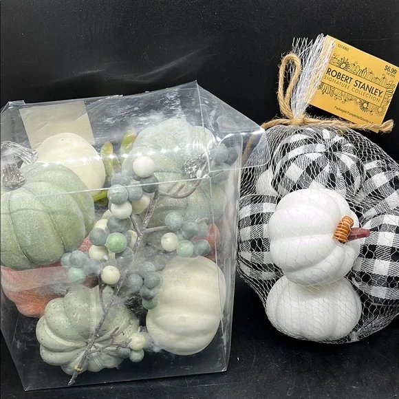 Hobby Lobby White and Plaid Decorative Pumpkin Set