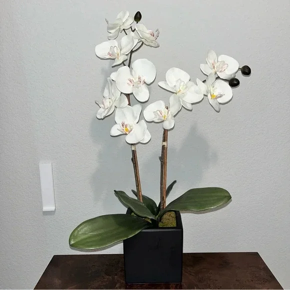 White‎ Faux Orchid Artificial Flowers with Vase Faux Plant Floral for Home Decor