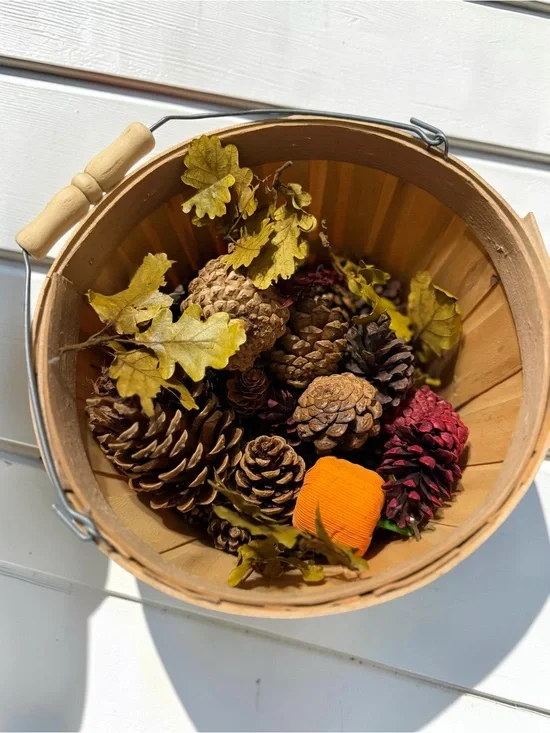 Wooden 9” Bushel Basket Fall Décor Pinecones Leaves