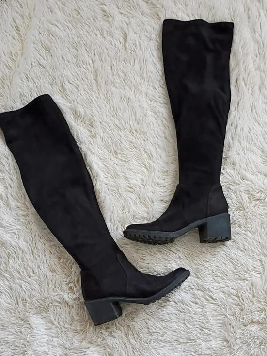 Black Thigh-High Suede Block Heel Boots!