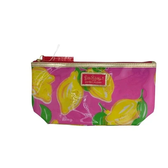 Lilly Pulitzer Estee Lauder makeup‎ bag Lipstick Flowers Pink/Green Lemons