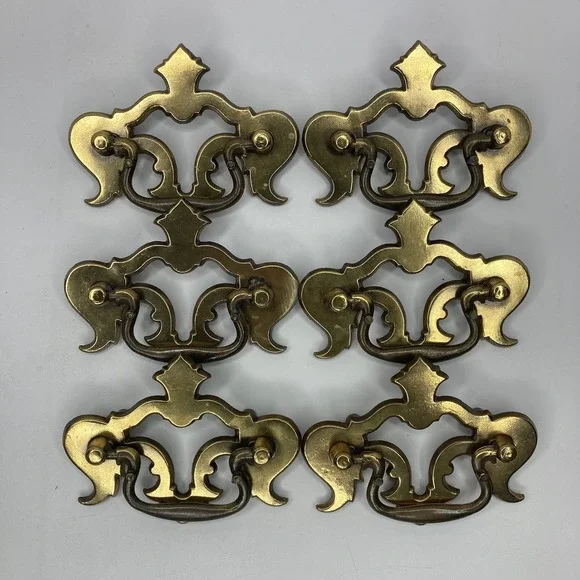 6 Brass Drawer Swing Handle Pulls Chippendale Batwing Antique Hardware