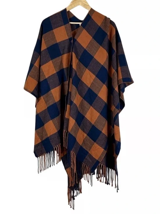 Matilda Jane Warm Sunset Poncho One Size Navy Orange Buffalo Plaid Fringe