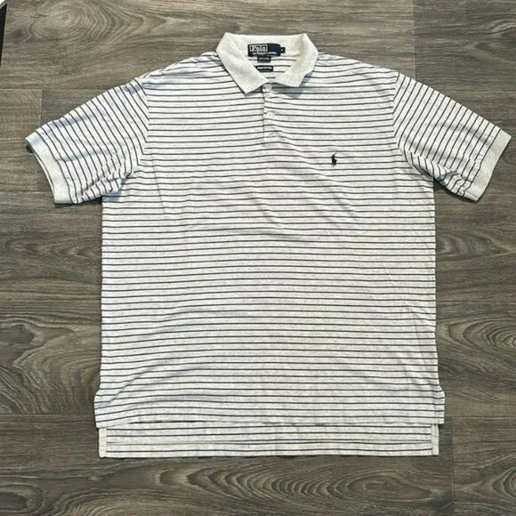 Polo Ralph Lauren Large Striped Pima Cotton Polo Shirt Gray Navy Embroidered Pon