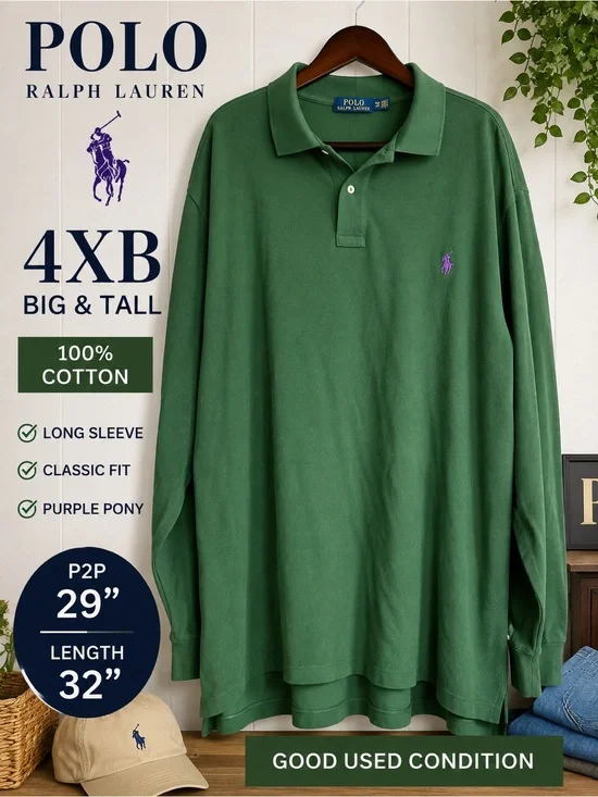 Polo Ralph Lauren Men’s 4XB Green Long Sleeve Polo Purple Pony Big & Tall