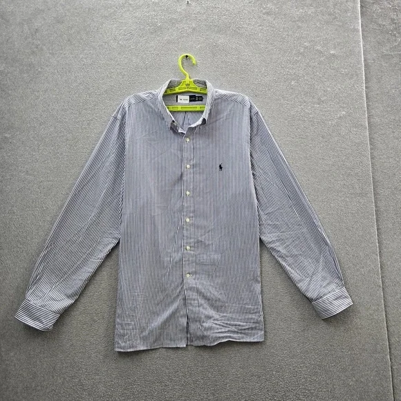 Ralph Lauren Men Button Up Shirt 18 Blue Embroidered Striped Logo Dress