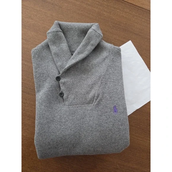 Polo Ralph Lauren Shawl Collar‎ Pullover Sweater Men's Medium Gray W Purple Pony