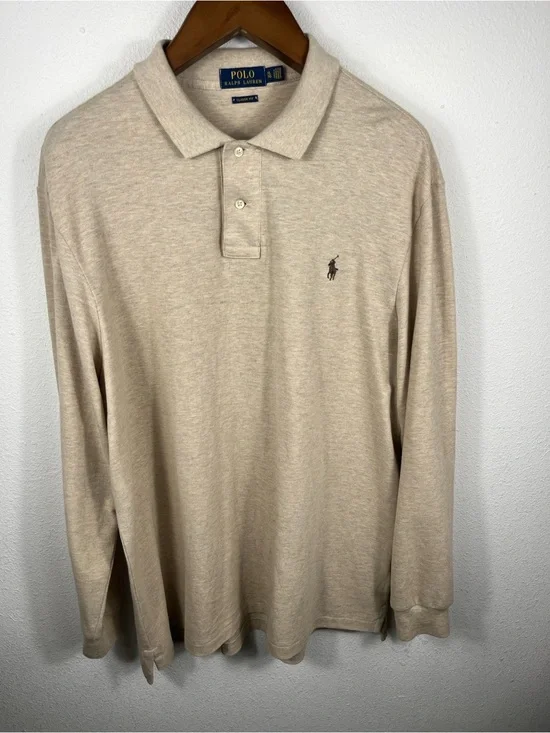 Ralph Lauren Long Sleeve Polo Shirt in Light‎ Beige w/ Brown Pony Preppy Size XL