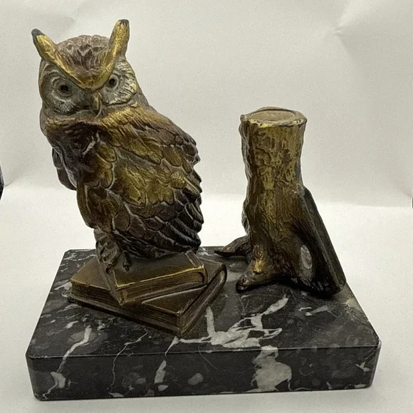 Antique Vienna‎ Cold Painted Bronze Marble Owl Table Lighter Bergman Style