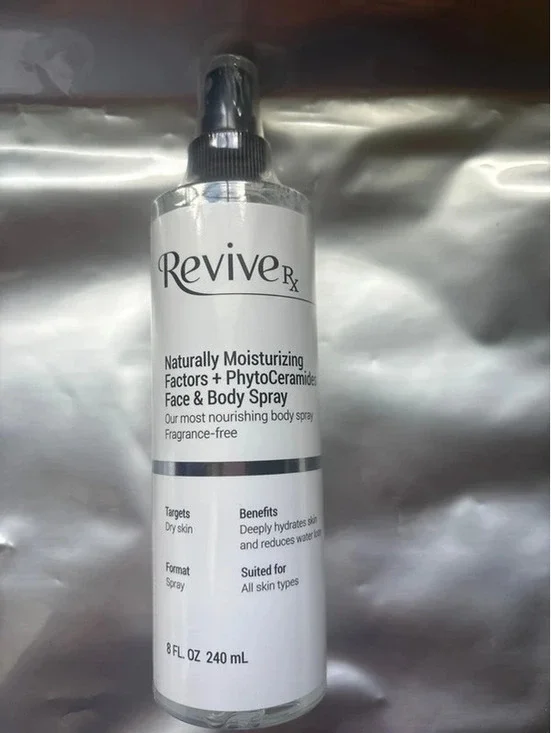 Revive RX naturally moisturizing, face and body spray. Fragrance free.