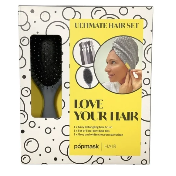 POPMASK LOVE YOUR HAIR ULTIMATE HAIR SET W/ 1 HAIR BRUSH, 1 SPA TURBAN,‎ …