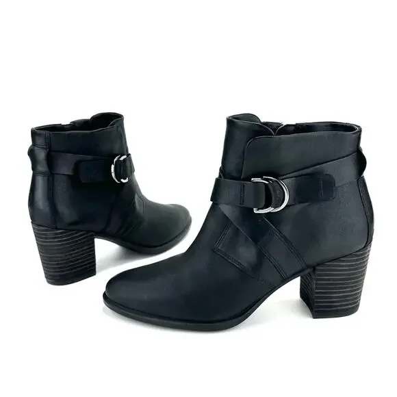 Ecco Black Ankle Boots Sz 10 Leather Padded Footbed Cuban Heel Almond Toe Bootie