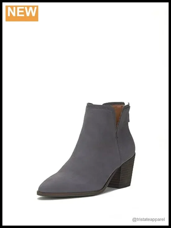 Women's Leather Ankle Booties with Side Zipper Stacked Heel