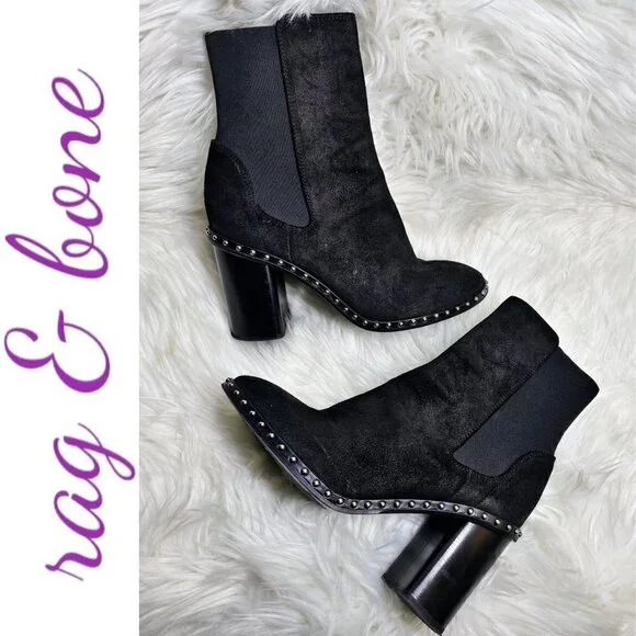 RAG & BONE‎ Romi Black Suede Chelsea Silver Stud Block Heel Bootie, Size 36