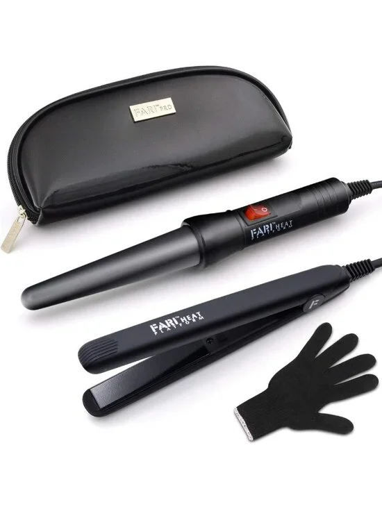 2-in-1 Travel Hair Curling Iron & Mini Flat Iron Set, Ceramic Wands, Heat Glove