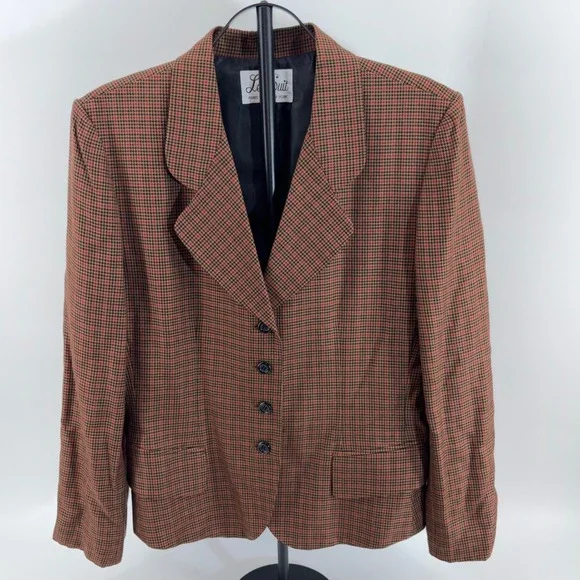 Le Suit Vintage Houndstooth Skirt Suit Set Brown Red Blazer 16 Skirt 12