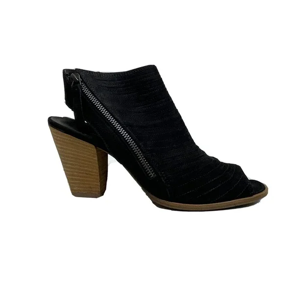 Paul Green Peep Toe Sandal Booties Women 7 Black Leather Block Heel Pleated Edgy