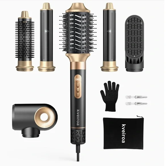 NEW! 6 in 1 Hot Air Brush & Hair Dryer with Auto Wrap Curlers Black Gold